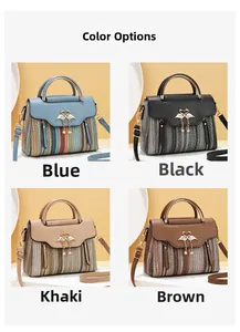 Detail showcasing blue, black, khaki, and brown woven bags with swan metal buckles