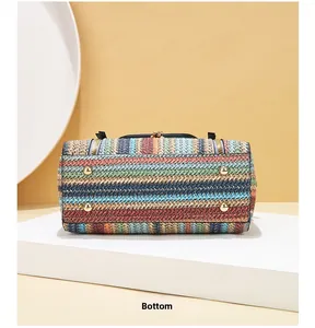 Macro view of colorful woven bag base featuring four golden protective metal studs