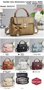 Fashion handbag detail showing 22x11x17cm dimensions with woven texture and bow charm