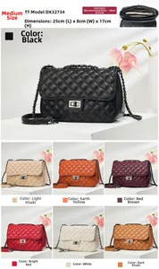 Detailed size chart for quilted chain crossbody bag measuring 25x8x17cm in seven colors