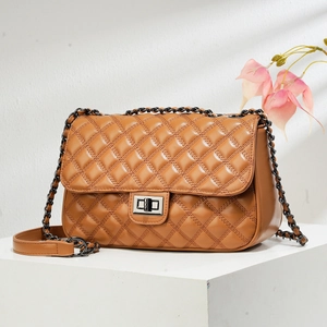 Elegant brown quilted chain shoulder bag with classic rhombic pattern and metal twist lock