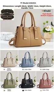 Detail view of the dimensions and 7 color options for this elegant tote bag model A96955