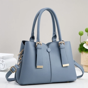 Morandi blue litchi pattern leather tote bag with gold hardware and shoulder strap