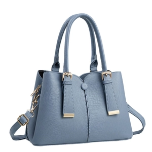 Morandi blue lychee leather handbag with light gold metal buckles and crossbody strap