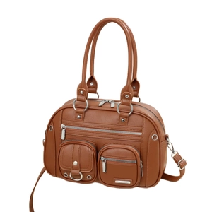Brown vintage faux leather messenger bag with multiple pockets and silver metal hardware