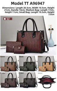 Three-piece woven tote bag set with dimensions and multiple color options detail