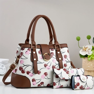 Sac À Main Femme Et Sac Bandoulière Et Portefeuille Et Mini Pochette Cuir PU Imprimé Cerise Mode Décontracté Polyvalent