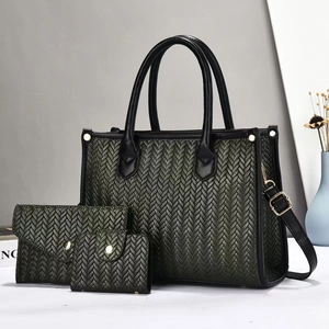 Three-piece dark green woven leather tote set with gold hardware and black handles