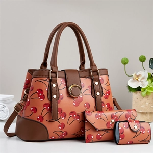 Ensemble de 3 sacs à main pour femme orange avec motifs cerises et détails dorés
