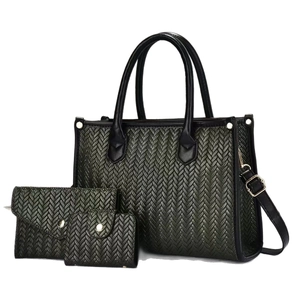 Three-piece dark green tote bag set with V-weave texture and black trim accents