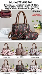 Detail view of cherry print tote bag set with dimensions and interior storage layout