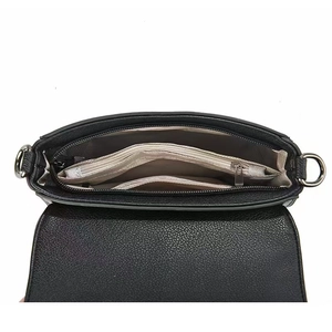 Internal view of the soft leather shoulder bag showing organized three-compartment structure