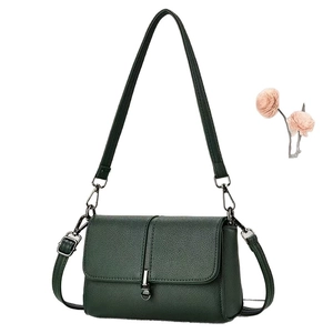 Forest green soft leather shoulder bag with lychee texture and silver metal hardware