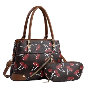 2-piece cherry print handbag set with matching coin purse in brown textured leather