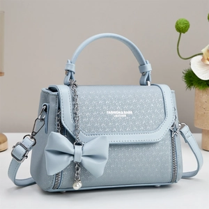 Women PU Leather Handbag Shoulder Bag Large Bow Artificial Pearl Pendant Chain Woven Texture Trendy Crossbody Purse