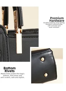 Detail view of premium black leather bag with gold-tone hardware and protective base studs
