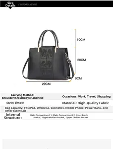 Size chart for black embossed rose handbag showing dimensions and internal structure details