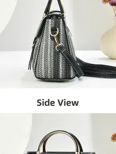 Side view of tricolor woven shoulder bag with round handle and gold metal details