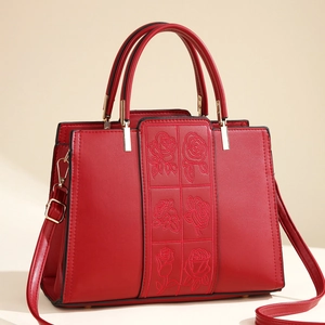 Sac à main rouge en cuir PU avec broderie rose et bandoulière réglable pour femme