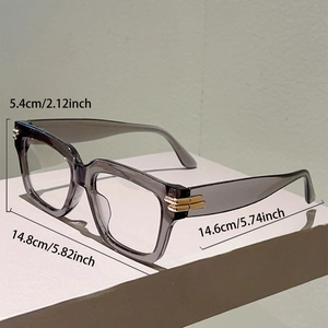 Detailed dimensions of transparent grey square frames with gold metal hinge accents