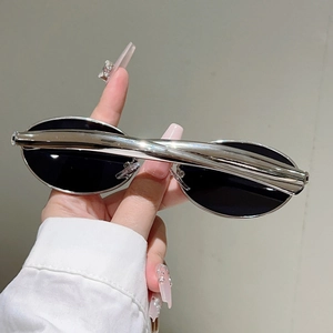 Détail macro des branches dauphin argentées et des verres ovales noirs de ces lunettes