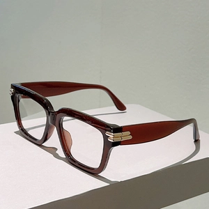 Close-up of square dark tea plastic frames with decorative gold metal temple hinges
