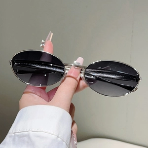 Détails des branches style dauphin argentées sur lunettes ovales aux verres dégradés noirs