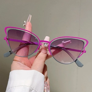 Lunettes De Soleil Oeil De Chat Tendance Femme Monture Métallique Ajourée Verre PC Dégradé Protection UV400 Punk Hip-Hop