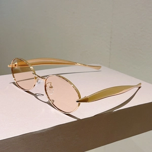 Détail macro de lunettes de soleil ovales en métal avec branches profilées de style dauphin