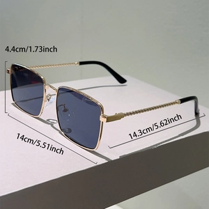Detailed size specifications of square gold metal sunglasses with blue lenses and twisted arms
