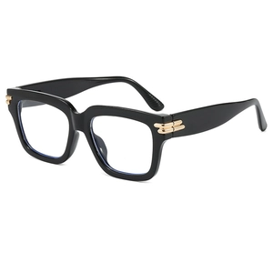 Classic black thick square glasses frame with elegant golden stripe accents on temples