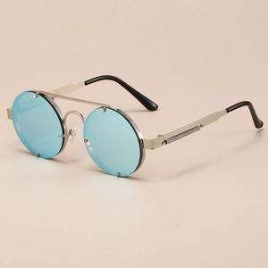 Steampunk round sunglasses with light blue lenses and golden spring metal frame