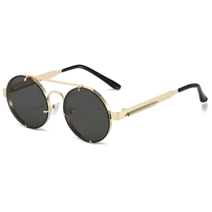 Retro steampunk round sunglasses with golden metal double bridge and spring temple detail