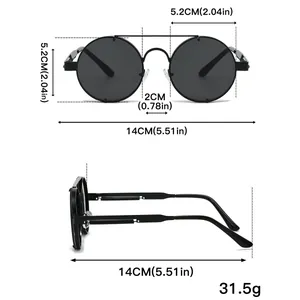 Detailed size chart for steampunk round sunglasses with metal frame dimensions and weight