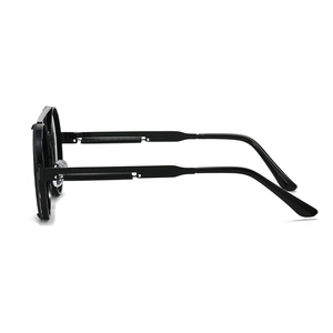 Detailed side view of punk style round sunglasses featuring spring buffer hinge temples