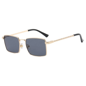 Gold square frame sunglasses with twisted metal temples and dark lenses for a retro style