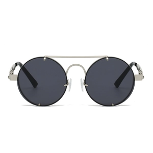 Retro punk round metal sunglasses with double bridge frame and silver finish lenses