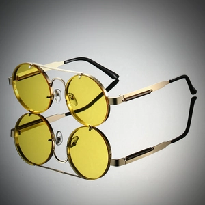 Vintage Steampunk Round Sunglasses Metal Double Bridge Frame Spring Temples UV400 Protection Fashion Eyewear Men Women