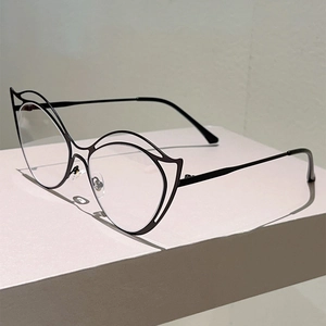 Detail of black hollow double-line cat-eye frame glasses on a geometric display stand
