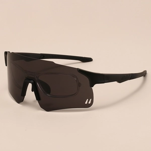 Black frame sports cycling sunglasses with wide dark gray lens and myopia frame insert