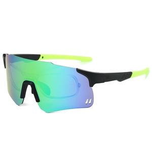 Detail of sports cycling sunglasses with RX insert and colorful mirrored lens