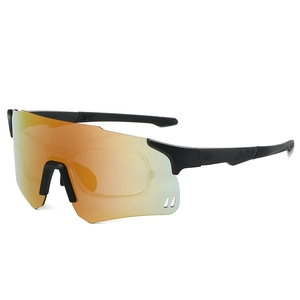 Detail view of sports sunglasses with mirrored lens and detachable prescription inner frame