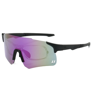 Detail of sports sunglasses featuring a gradient colorful lens and built-in myopia frame