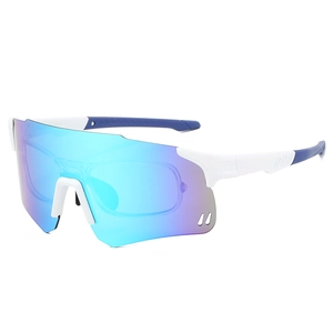 Detail view of colorful polarized sports sunglasses with detachable inner optical frame