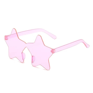 Detailed view of pink star-shaped rimless sunglasses in a translucent Y2K aesthetic