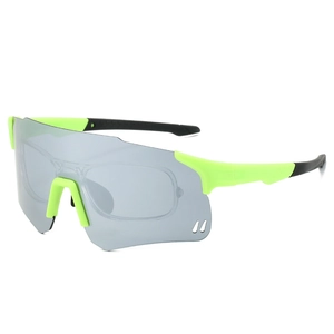 Detail of neon green sports sunglasses with integrated lens and inner myopia frame