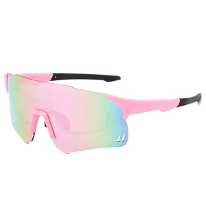 Detail of pink sport sunglasses with colorful gradient lens and black anti-slip temples