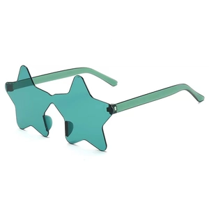 Close-up of green star-shaped rimless sunglasses with transparent finish for parties