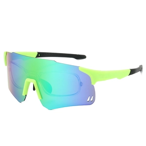 Detail view of colorful coated large frame lens and neon green frame for sport sunglasses