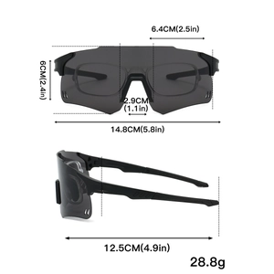 Detailed dimensions of black sports sunglasses with grey lenses and myopia frame support